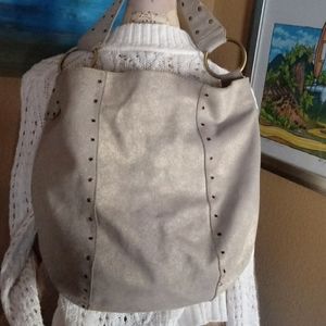 J Lo Leather Taupe Glitter Gold Hobo Purse